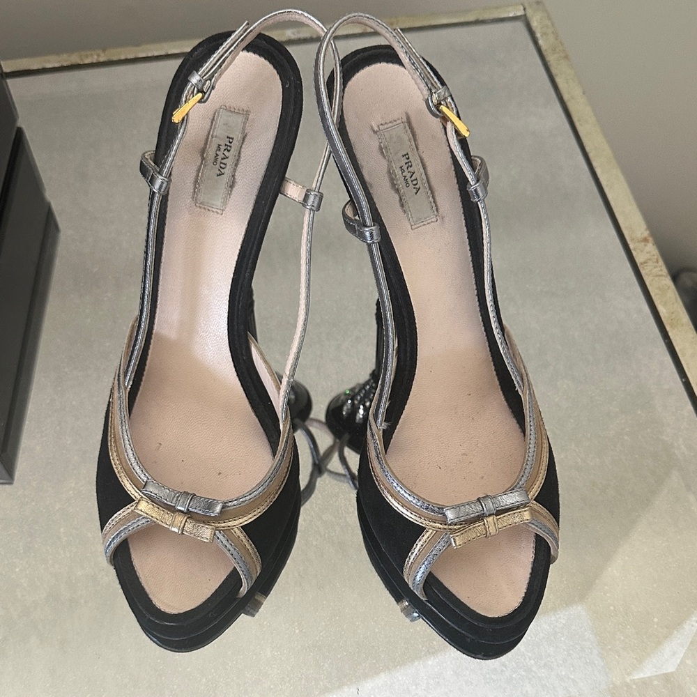 Prada Black and Gold Strappy Heels